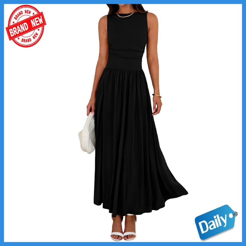 Sleeveless Ruched Maxi Dress High Waisted Flowy Casual Summer Beach